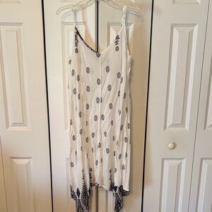 White Boho Handkerchief Hem Dress with Black Medallion Print